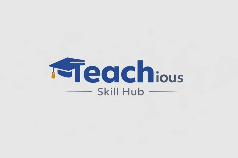 A logo design reading Teachious Skill Hub in dark blue, with a graduation cap above the letter T, on a light grey background.