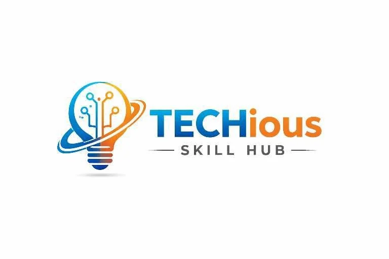 A colourful logo reading TECHious Skill Hub, with a lightbulb made of circuit lines and an orbit ring.