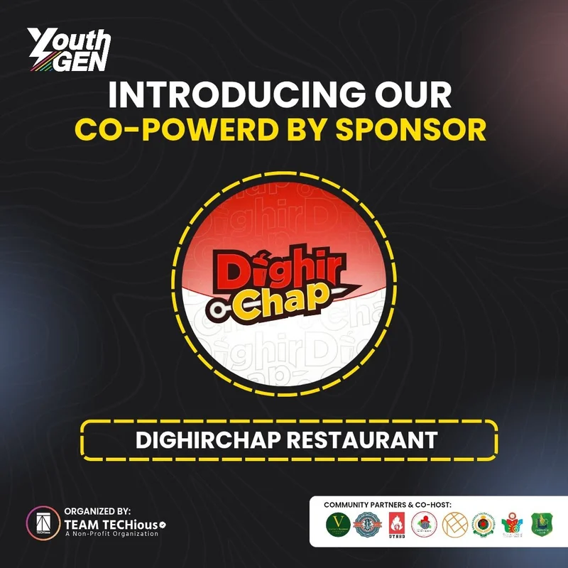 YouthGEN 2025 poster headed Introducing Our Co-Powered By Sponsor, with the red Dighir Chap logo and the label Dighirchap Restaurant.