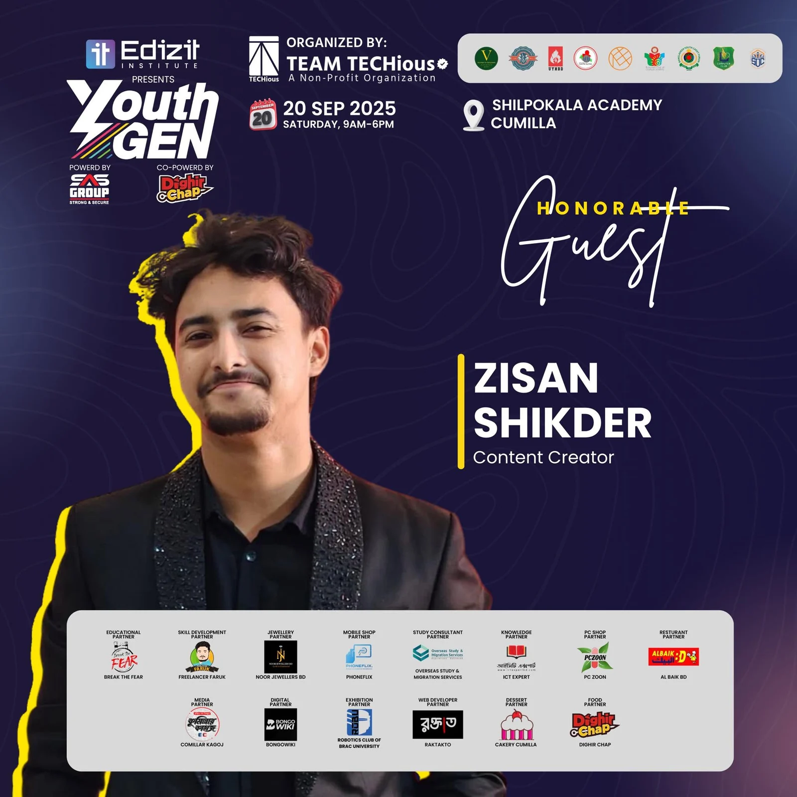 YouthGEN 2025 poster headed Honorable Guest, showing content creator Zisan Shikder in a dark suit, with the event date 20 Sep 2025 and Shilpakala Academy, Cumilla.