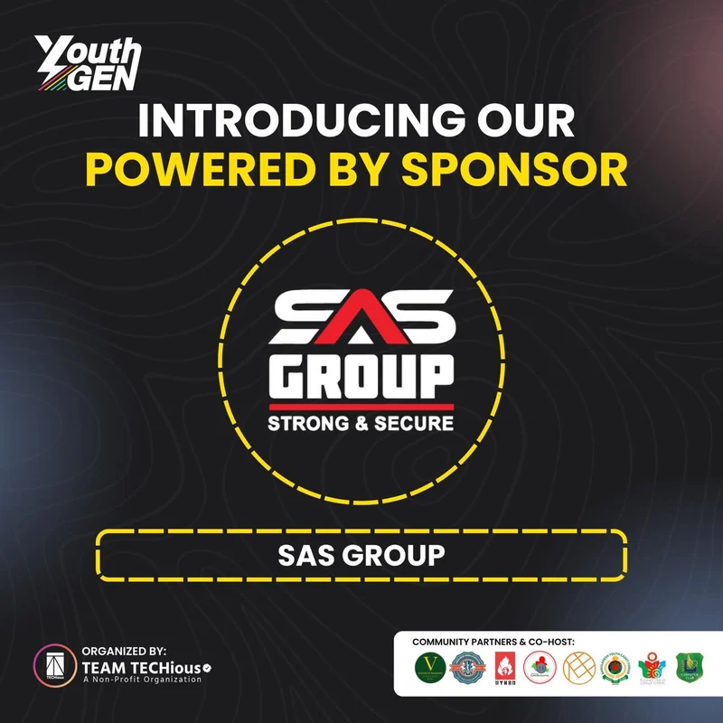 YouthGEN 2025 poster headed Introducing Our Powered By Sponsor, with the SAS Group logo, Strong and Secure.