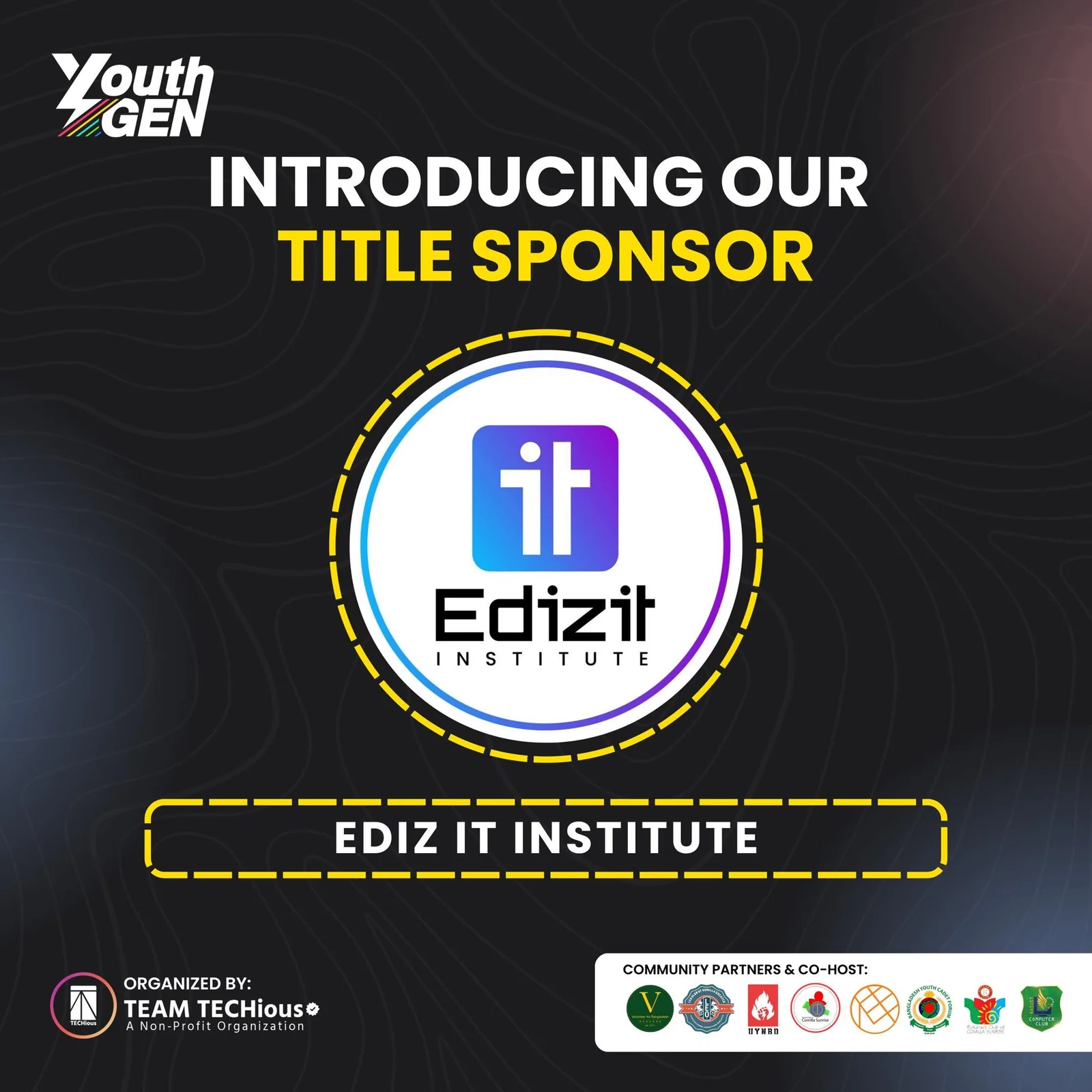 Dark YouthGEN 2025 poster headed Introducing Our Title Sponsor, with the Edizit Institute logo in a yellow ring and the label Ediz IT Institute.